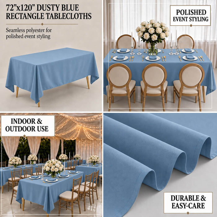 Dusty blue wrinkle-resistant tablecloth for indoor and outdoor use.