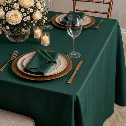 Hunter emerald green tablecloth on a dining table setting.