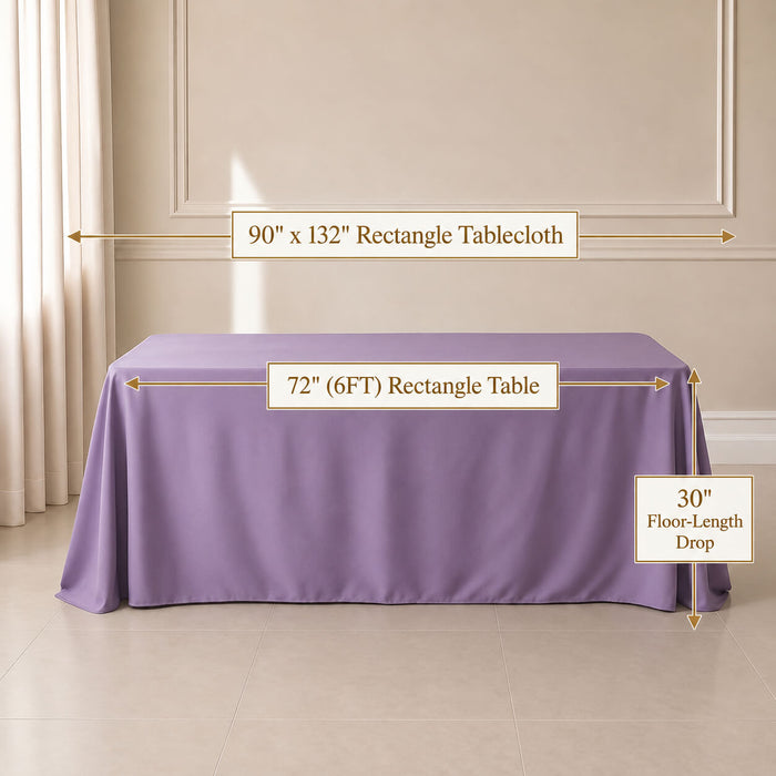 90"x132" Violet amethyst rectangle tablecloth draping a 72-inch table.