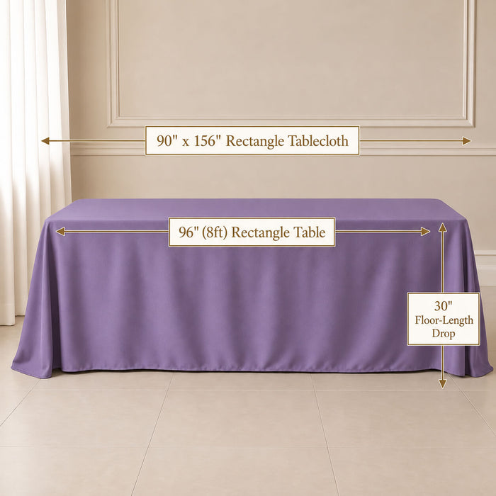 90"x156" Violet amethyst polyester rectangle tablecloth on a floor-length table.
