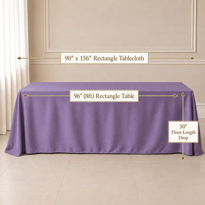 90"x156" Violet amethyst polyester rectangle tablecloth on a floor-length table.