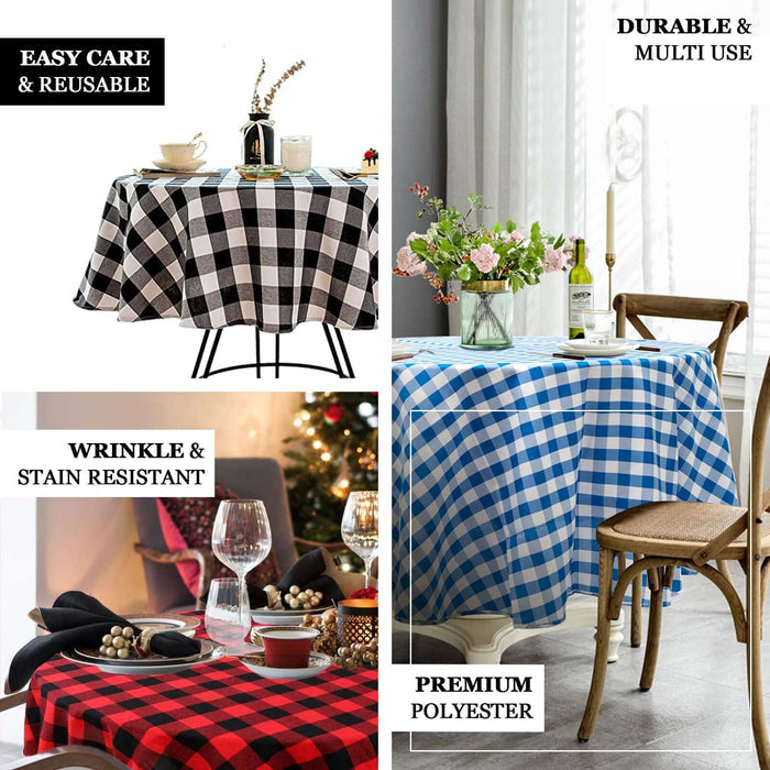Tablecloths in various patterns, showcasing durability and easy care features.