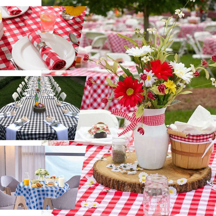 Colorful picnic tables set with checkered tablecloths and floral arrangements for outdoor dining.