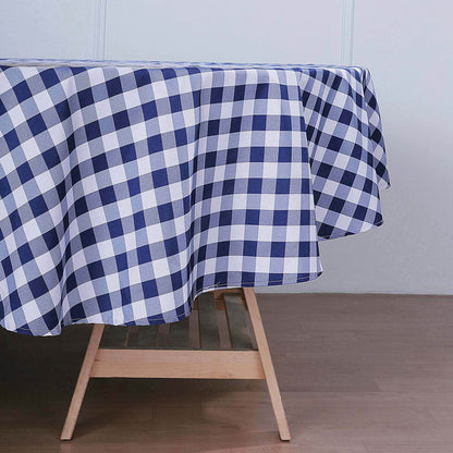Navy and white checkered tablecloth draped over a wooden table.