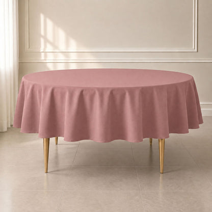 Dusty rose reusable round tablecloth for elegant dining experiences.