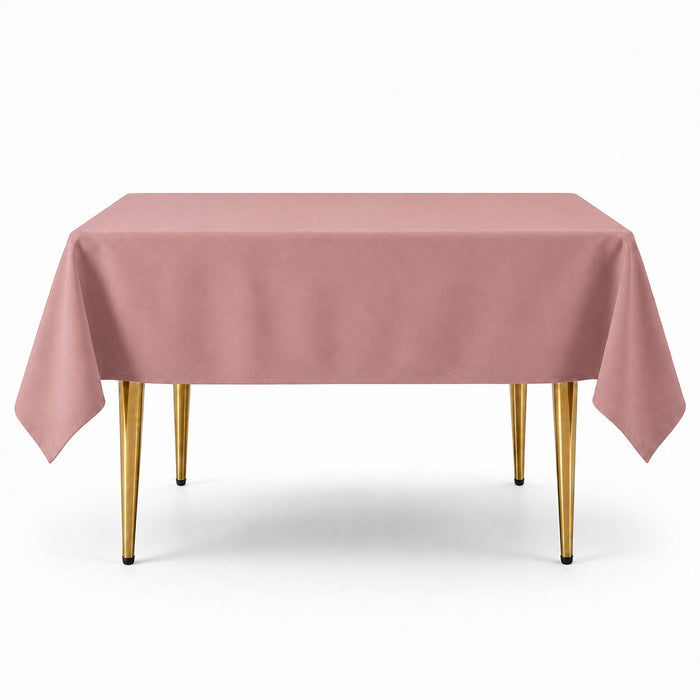 Dusty rose wrinkle-resistant square tablecloth 70"x70" on a table.