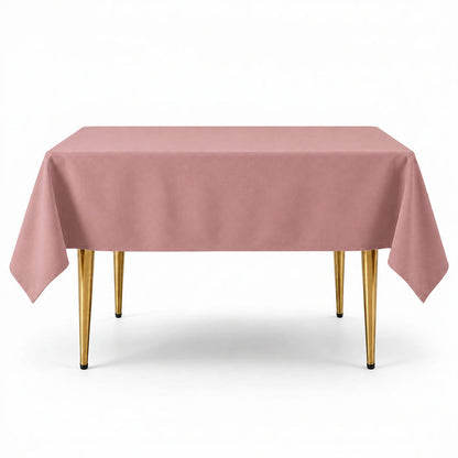 Dusty rose wrinkle-resistant square tablecloth 70"x70" on a table.