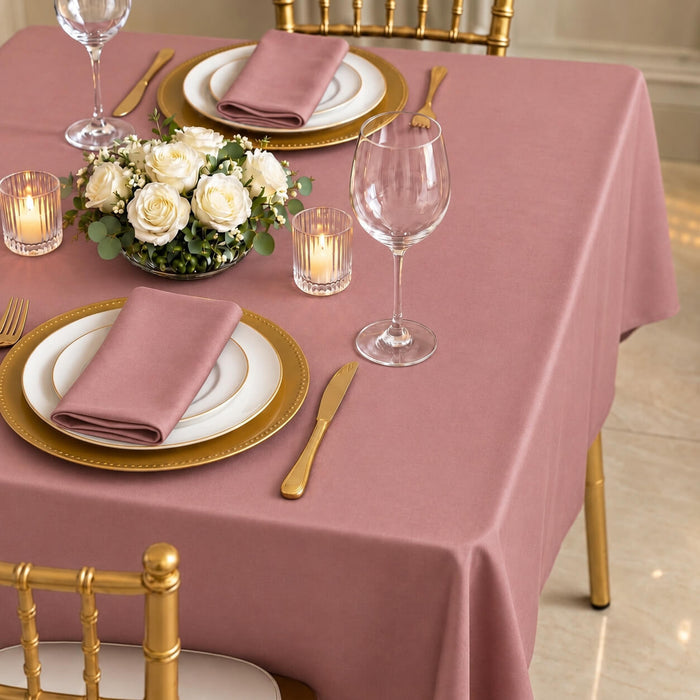 Dusty rose polyester square tablecloth on a dining table with gold accents.