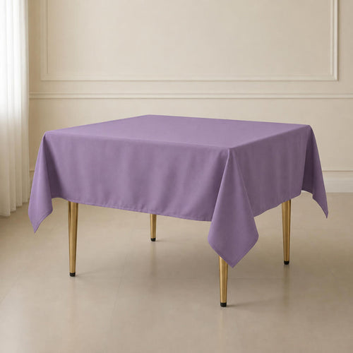 Violet Amethyst wrinkle-resistant square tablecloth on a dining table.