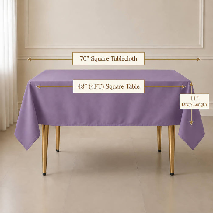 A violet amethyst square tablecloth draped over a rectangular table in a neutral room, with measurement labels indicating 70" square cloth, 48" by 48" table, and 11" drop length.
