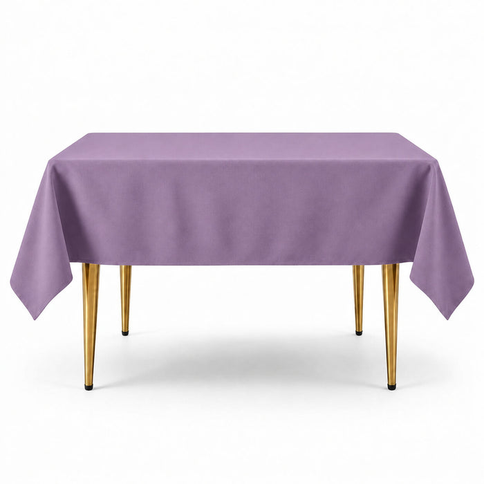 Violet amethyst wrinkle-resistant tablecloth 70"x70" on a table.