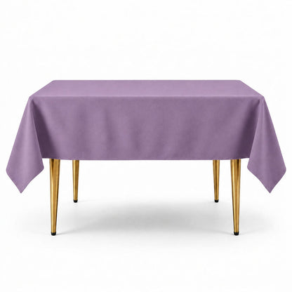 Violet amethyst wrinkle-resistant tablecloth 70"x70" on a table.