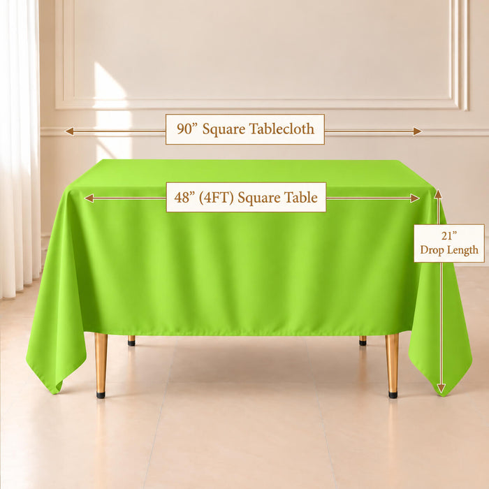 A bright apple green square tablecloth draped over a 48 by 48 inch table, with dimension labels indicating 90 inches width, 48 inches table length, and 21 inch drop length.
