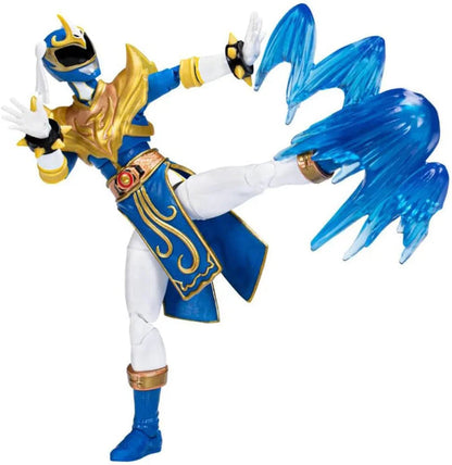 Blue and gold action figure in a dynamic kick pose with translucent blue effects