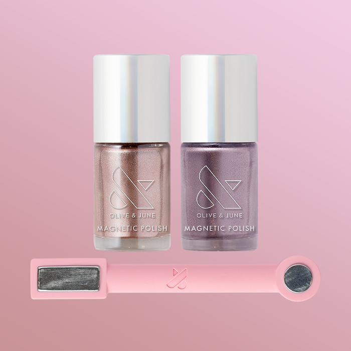Pretty Neutral Velvet Duo with two magnetic velvet polishes in neutral pink and frosty purple plus a pink magnet wand.