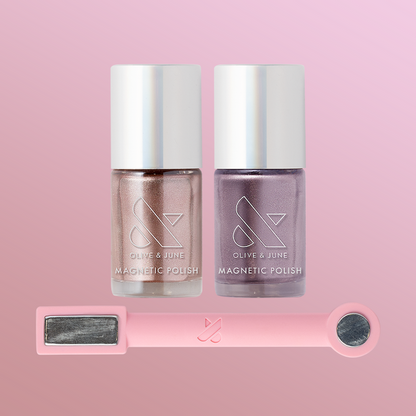 Pretty Neutral Velvet Duo with two magnetic velvet polishes in neutral pink and frosty purple plus a pink magnet wand.