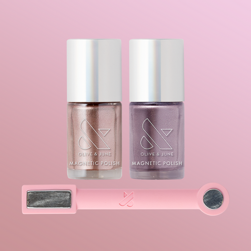 Pretty Neutral Velvet Duo with two magnetic velvet polishes in neutral pink and frosty purple plus a pink magnet wand.
