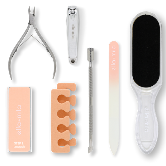 Prime Mani and Pedi Kit: nipper, clipper, pusher, buffer, toe separator, glass file and foot file – ella+mila