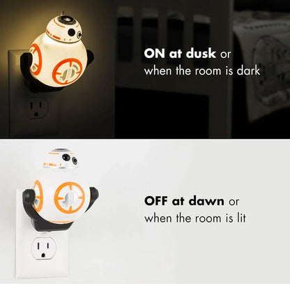 Star Wars BB-8 LED night light in outlet, illuminated in dark, off in bright room