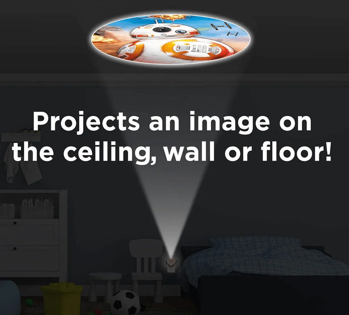BB-8 Star Wars LED night light projecting image onto bedroom ceiling, kids decor