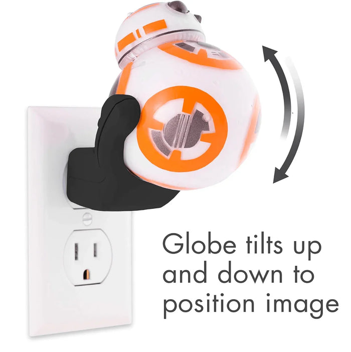 Star Wars BB-8 LED night light plugged into wall outlet, adjustable globe for image projection