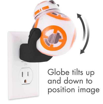 Star Wars BB-8 LED night light plugged into wall outlet, adjustable globe for image projection
