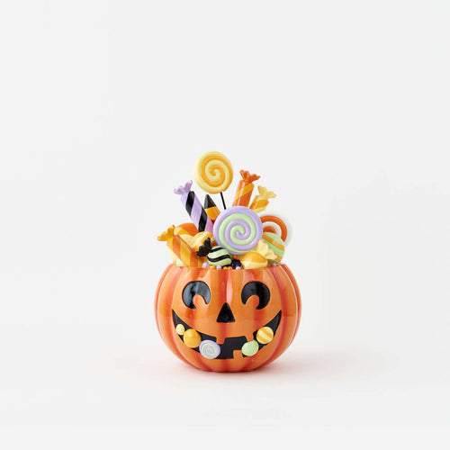 Pumpkin Candy Display featuring a resin Jack-o'-Lantern filled with colorful faux candies and lollipops.