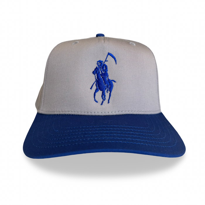 Gray and blue cap with a logo on a white background