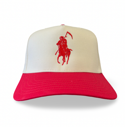 Red and beige cap with a logo on a white background