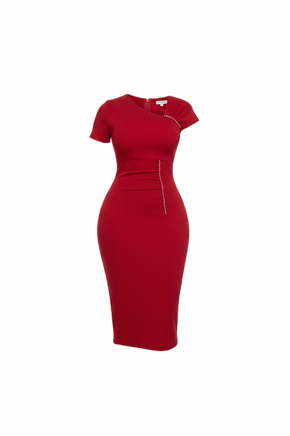 Red Asymmetric Rhinestone Bodycon Midi Dress - White Background