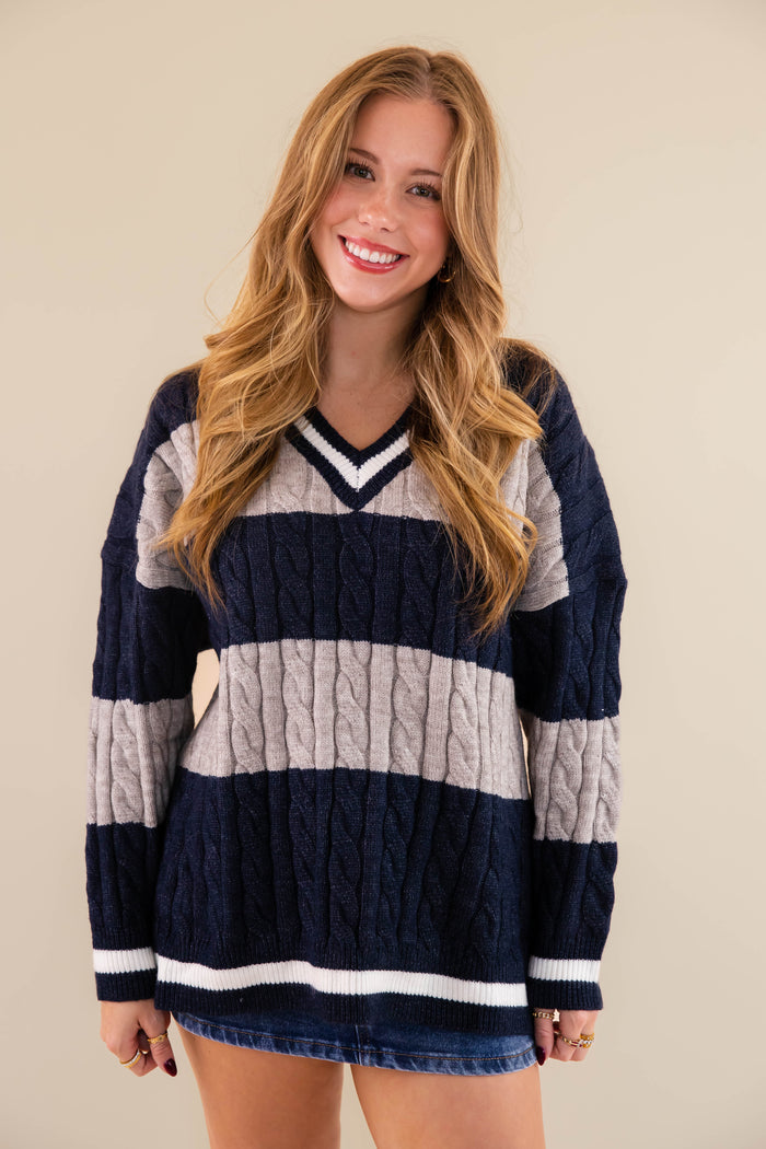 Striped Cable Knit Sweater- Oversized Varsity Inspired Sweater- She + Sky Striped Sweater