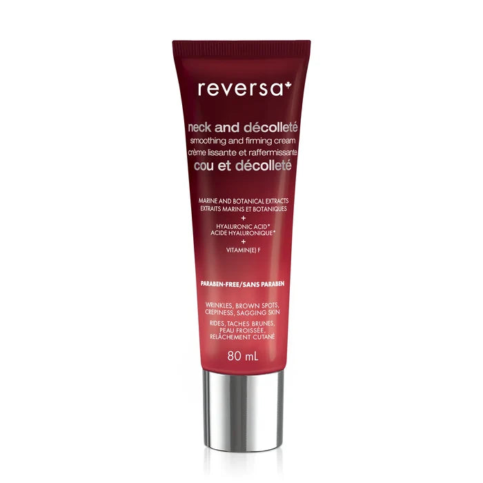 Reversa neck and décolleté smoothing and firming cream in 80ml jar, designed to enhance skin firmness and hydration.