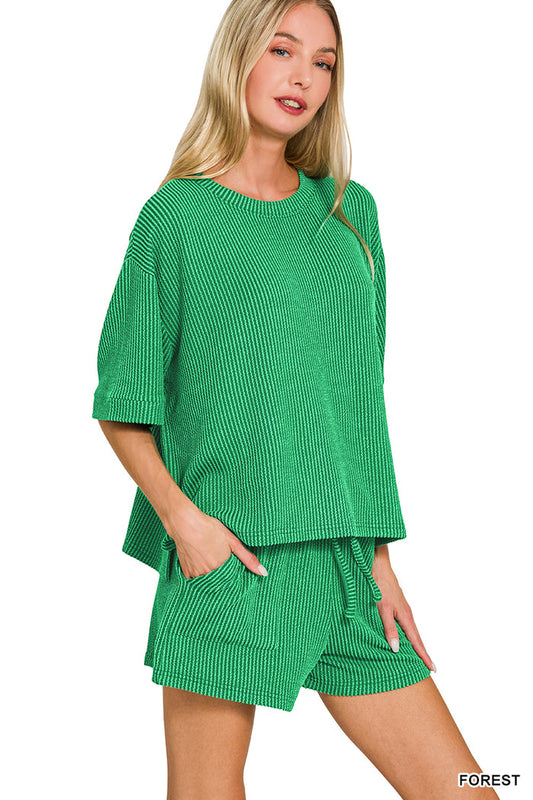 Ribbed Short Set-Forest
