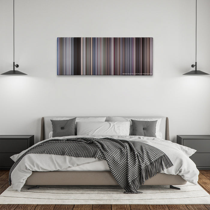 RoboCop color palette canvas above a bed, between two black pendant lamps