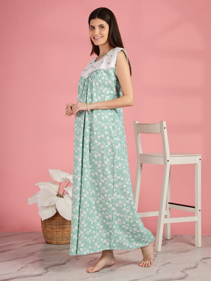Green Pure Cotton Sleeveless Nighty for Women