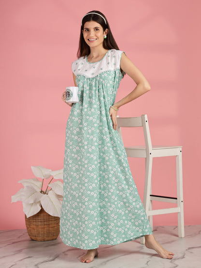 Green Pure Cotton Sleeveless Nighty for Women