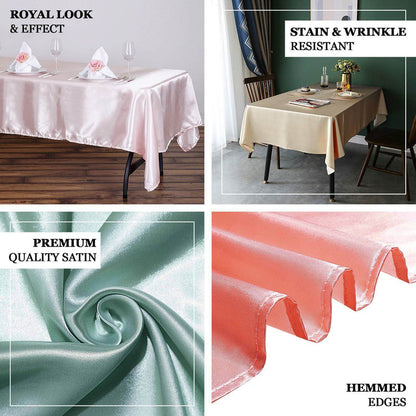 Premium quality satin tablecloth in various colors, showcasing hemmed edges and features.