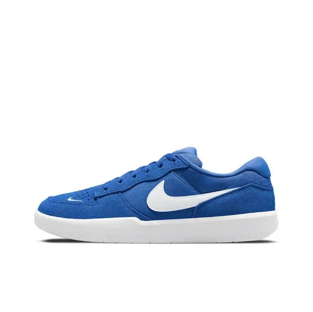 Nike SB Force 58 sneaker, blue suede upper with white Swoosh and white rubber sole.