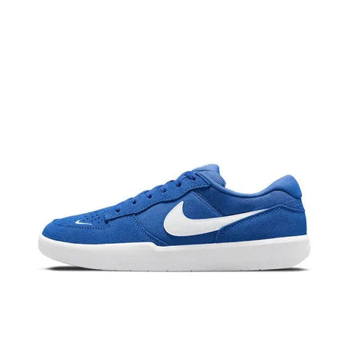 Nike SB Force 58 sneaker, blue suede upper with white Swoosh and white rubber sole.