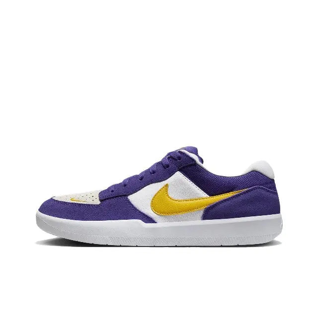 Purple low-top sneakers with yellow swoosh and white toe cap