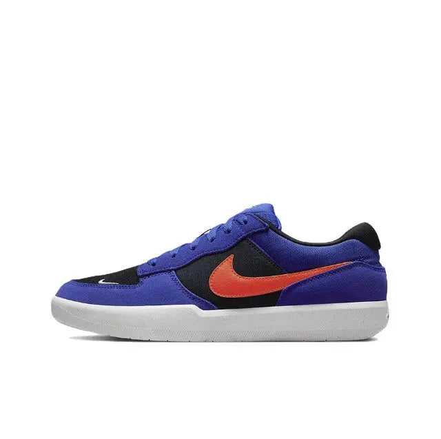Nike SB Force 58 blue low-top skate shoes with orange swoosh and black heel
