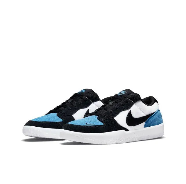 Pair of black, white, and blue low-top skate sneakers with Nike swoosh and laces.