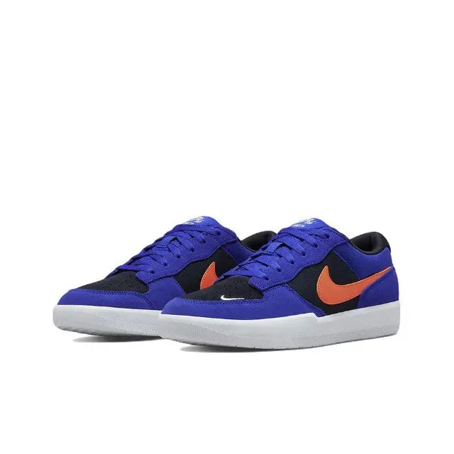 Nike SB Force 58 blue low-top skate shoes with orange swoosh on both sides