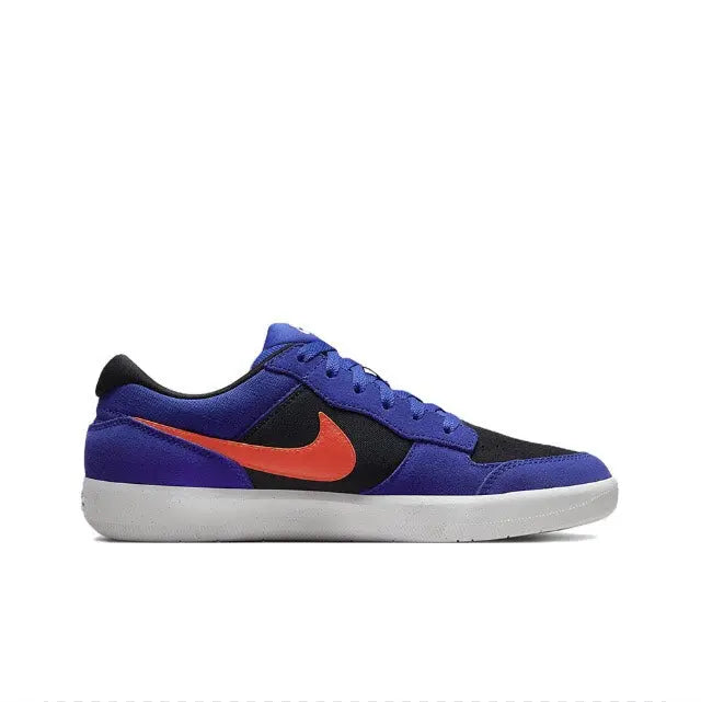 Nike SB Force 58 blue low-top skate shoes with orange swoosh and white sole