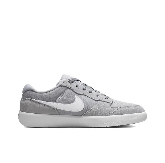 Nike SB Force 58 side profile skate shoe, wolf grey upper with white Swoosh and laces