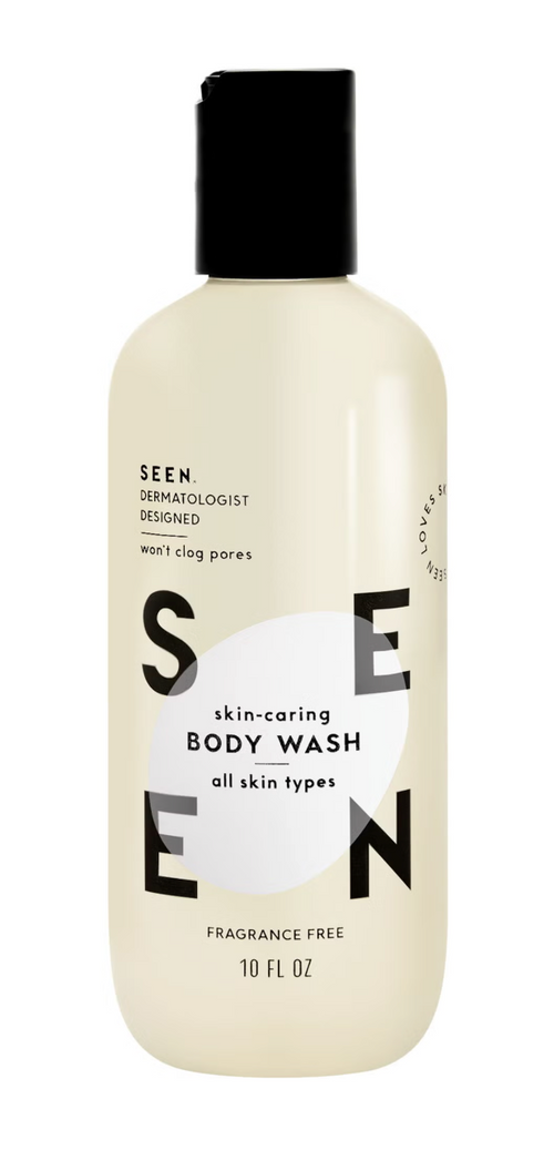 SEEN fragrance-free body wash in a 10 fl. oz bottle, gentle and hydrating for sensitive skin, shown in a clean, minimalist setting.