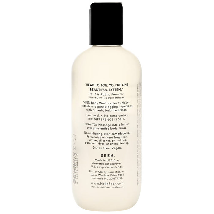 SEEN Body Wash Fragrance-Free in a 10 fl oz bottle, gentle and hydrating for sensitive skin, shown in a sleek pump bottle.