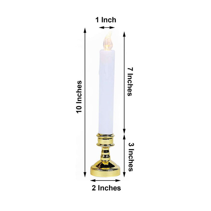 Gold candlestick holder with white candle, dimensions marked.