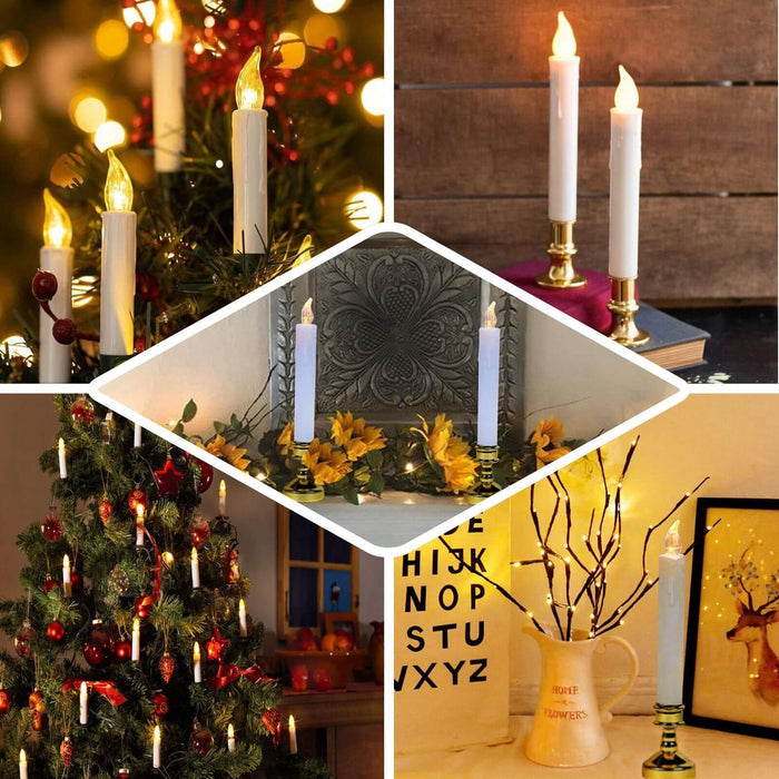 Decorative LED taper candles illuminating festive holiday scenes.