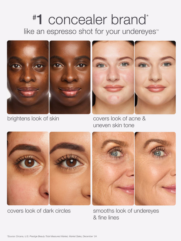 Advertisement for a concealer brand with before and after effects on skin.